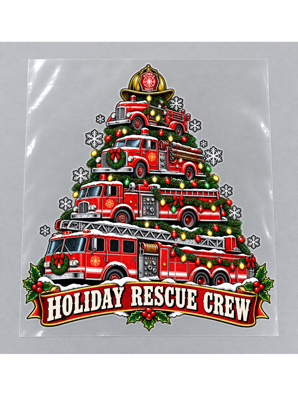 4 Pack Christmas Fire Truck DTF Heat Transfers Rescue Crew 10 Inch